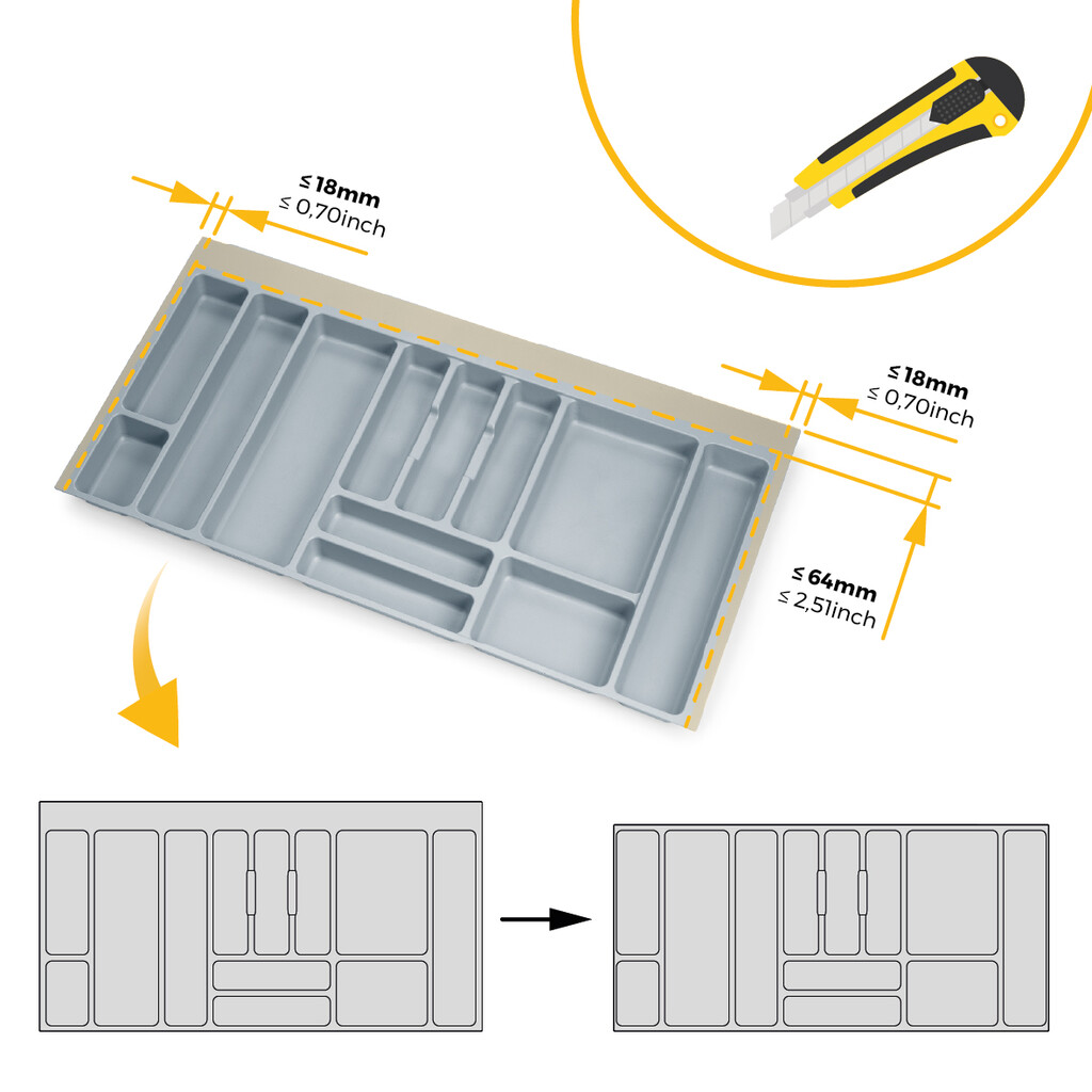 Range-couverts Optima pour tiroir universel, module 1.000mm, Plastique, Gris, 10 unités.-2