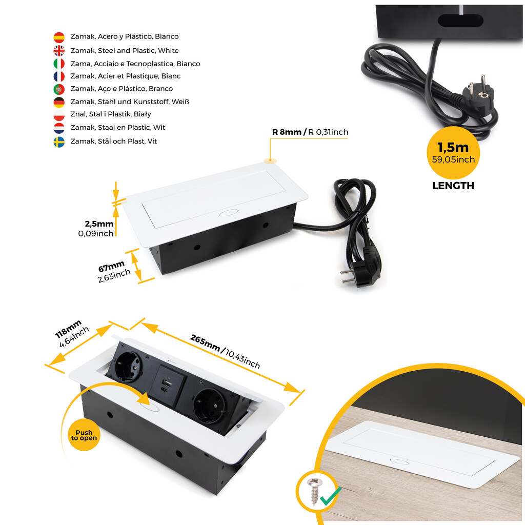 Multiconector Atom 26 Lite para escritório, 225x111mm, Pintado branco, Zamak e Aço e Plástico-5