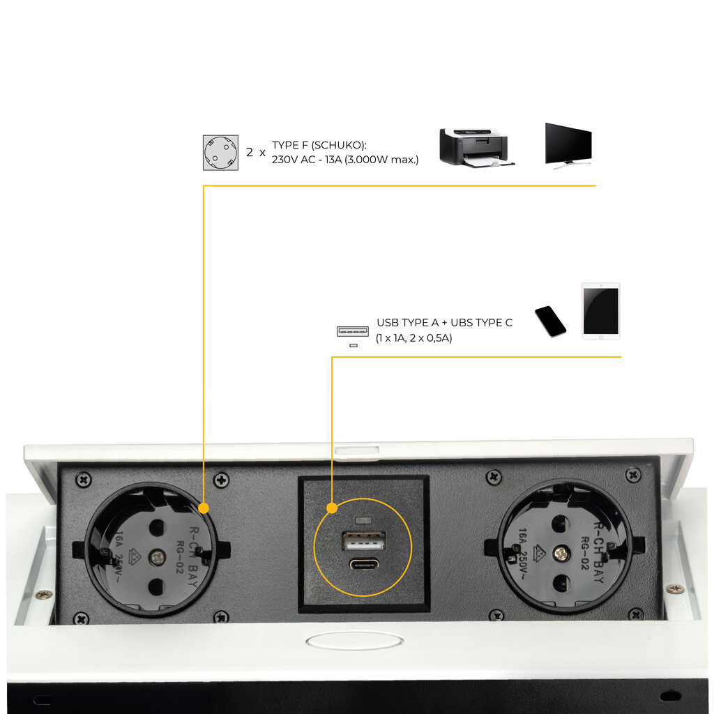 Multiconector Atom 26 Lite para escritório, 225x111mm, Pintado branco, Zamak e Aço e Plástico-6