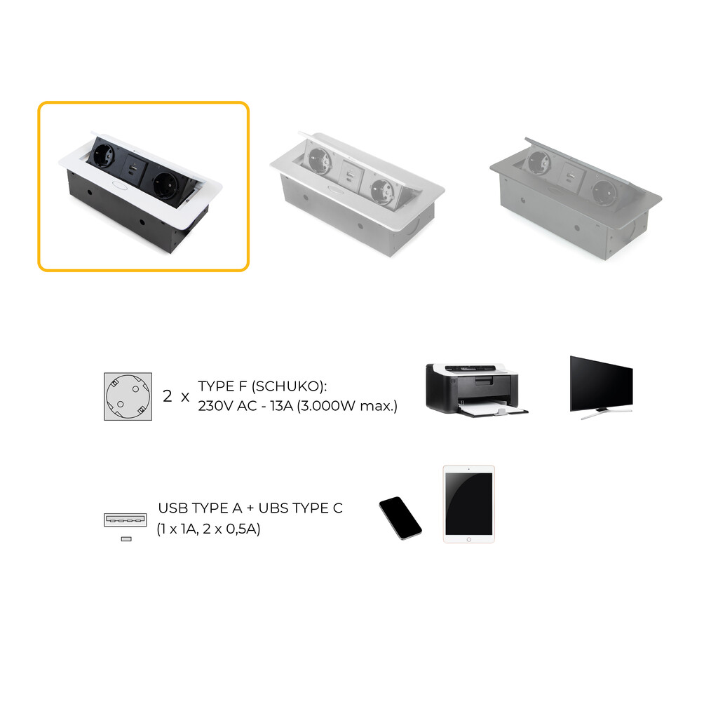 Multiconector Atom 26 Lite para escritório, 225x111mm, Pintado branco, Zamak e Aço e Plástico-8