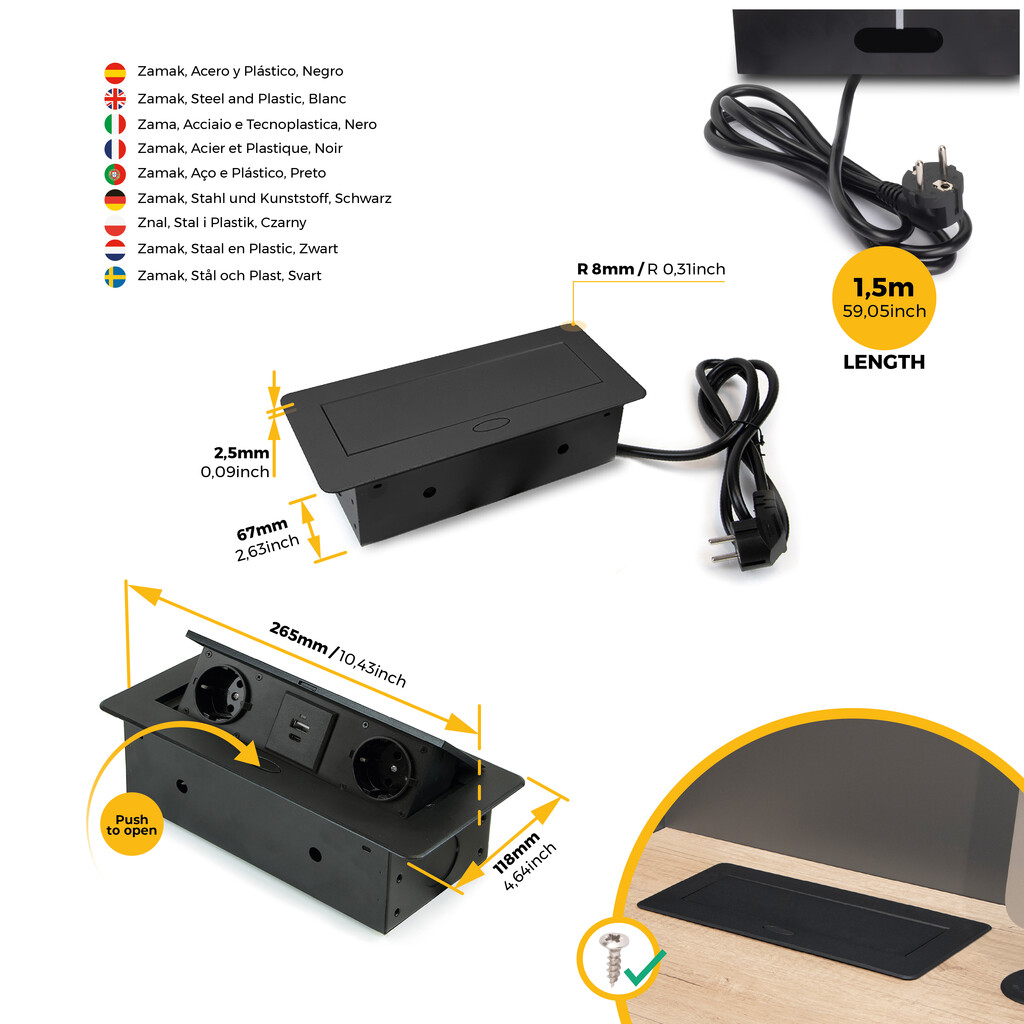 Multiconnecteur Atom 26 Lite pour bureau, 225x111mm, Peint en noir, Zamak et Acier et Plastique.-5
