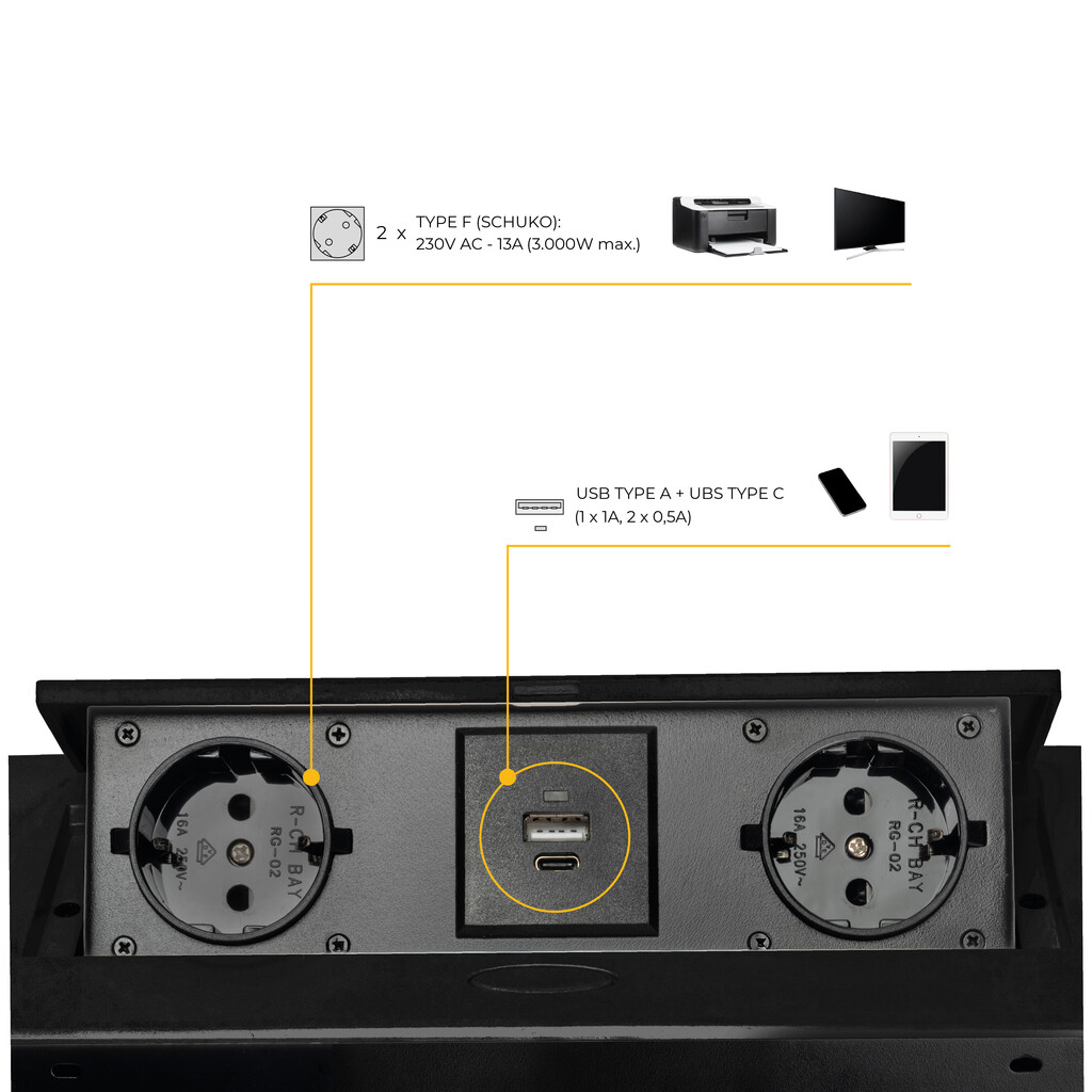 Multiconnecteur Atom 26 Lite pour bureau, 225x111mm, Peint en noir, Zamak et Acier et Plastique.-6