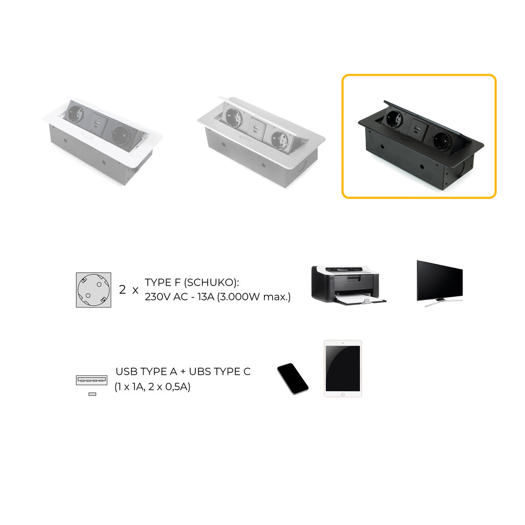 Multiconnecteur Atom 26 Lite pour bureau, 225x111mm, Peint en noir, Zamak et Acier et Plastique.-8