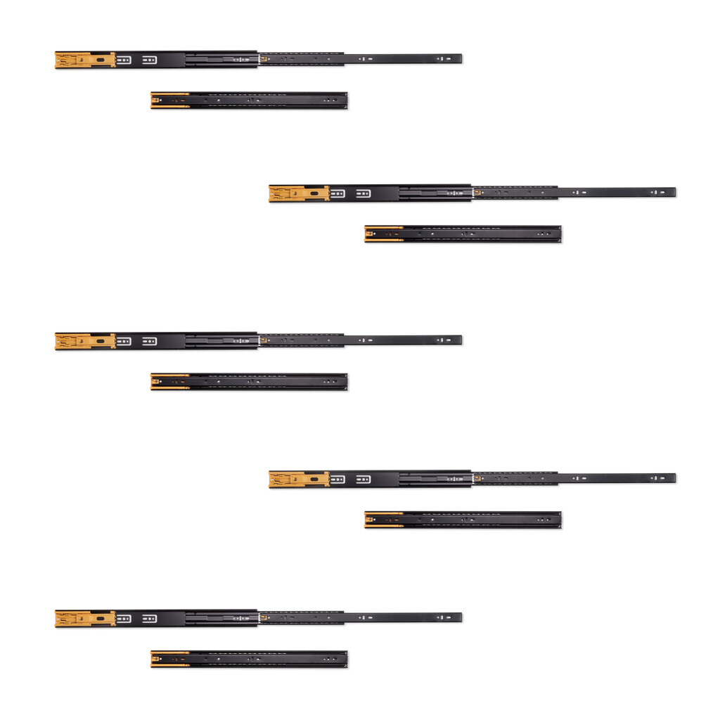 Lote de 5 juegos de guías para cajones, de bolas, altura 45mm, profundidad 500mm, extracción total, cierre suave, Negro-Primary