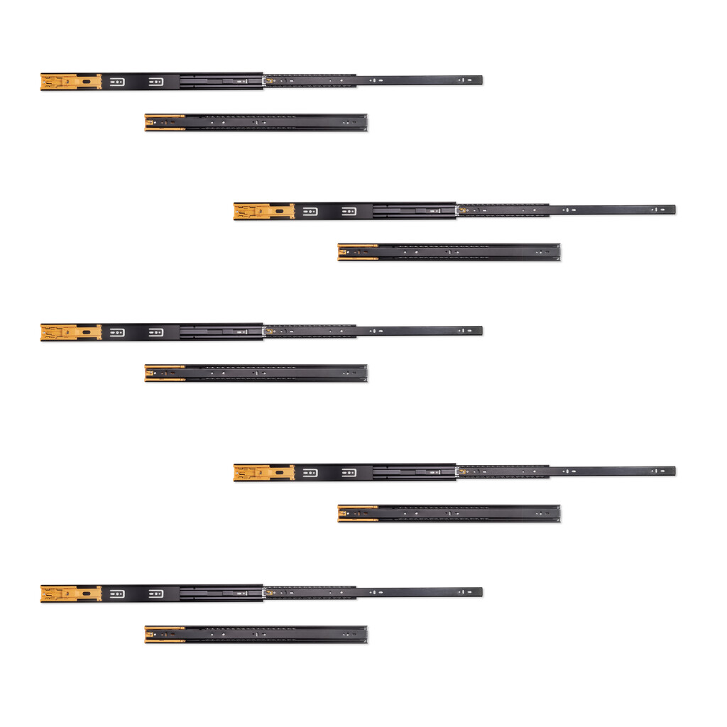 5er Satz Kugelführungen, Höhe 45mm, Tiefe 550mm, Vollauszug, mit Schließautomatik, Schwarz-Primary
