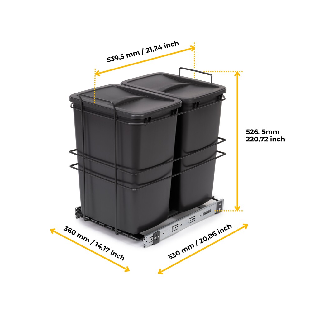 Balde do lixo reciclável Recycle para montagem no fundo e extraível manualmente na unidade de cozinha Recycle 2x35 litros, Cinza antracite Plástico-2