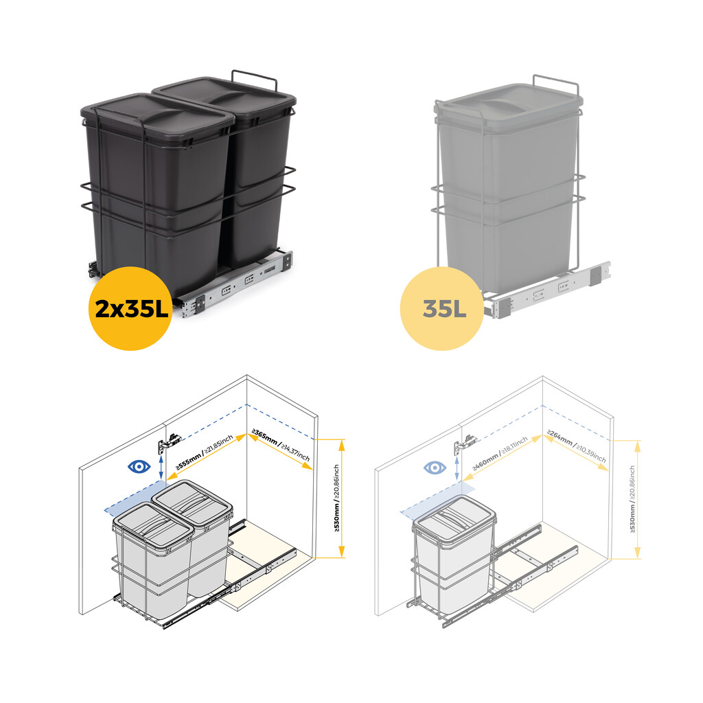 Balde do lixo reciclável Recycle para montagem no fundo e extraível manualmente na unidade de cozinha Recycle 2x35 litros, Cinza antracite Plástico-14