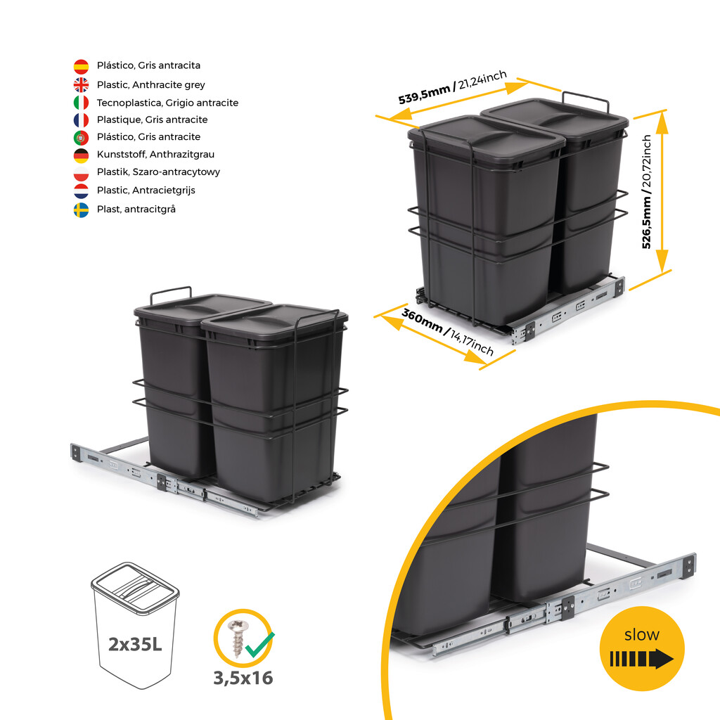 Balde do lixo reciclável Recycle para montagem no fundo e extraível manualmente na unidade de cozinha Recycle 2x35 litros, Cinza antracite Plástico-3