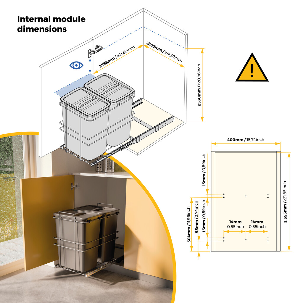 Balde do lixo reciclável Recycle para montagem no fundo e extraível manualmente na unidade de cozinha Recycle 2x35 litros, Cinza antracite Plástico-4