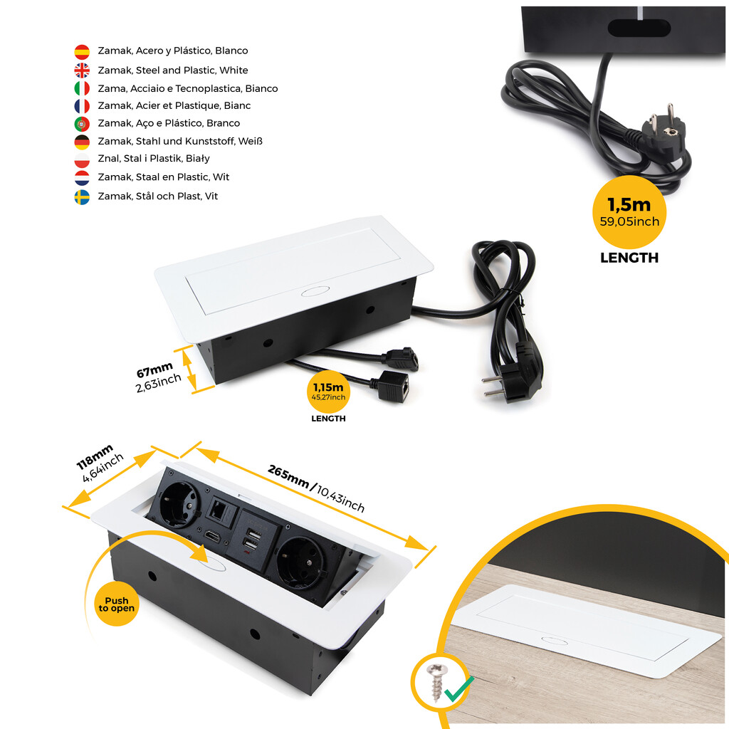 Multiconector Atom 26 A+C para escritório, EU, Pintado branco, Aço e Plástico e Zamak-15