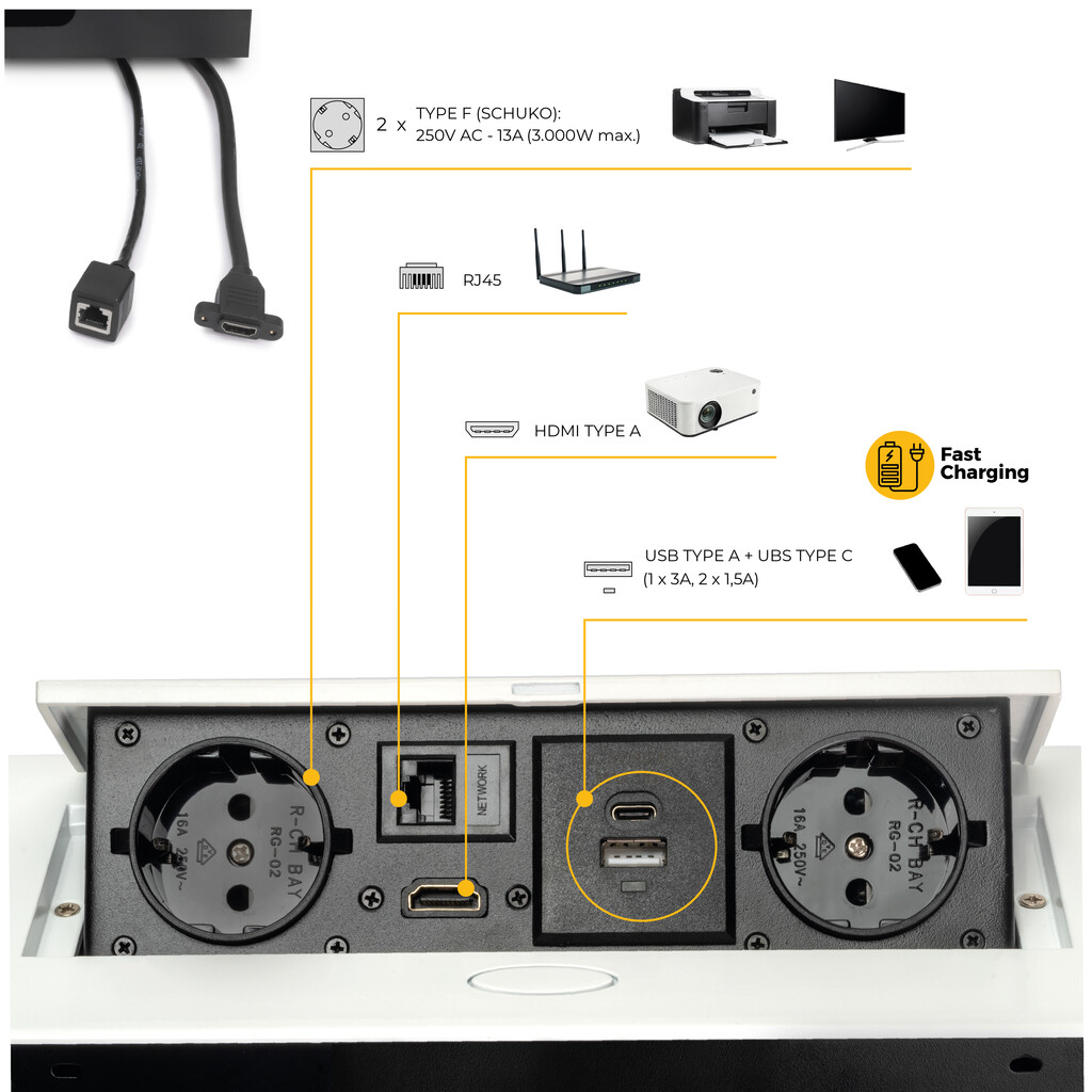 Multiconector Atom 26 para escritorio 225x111mm | Emuca