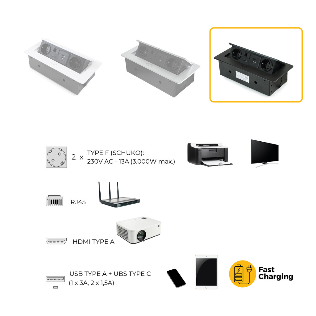 Multistecker Atom 26, 225x111mm, 2 Schuko-Stecker, 1 USB Typ A, 1 USB Typ C, 1 RJ45, 1 HDMI, Zamak-Stahl-Kunststoff, Schwarz-12