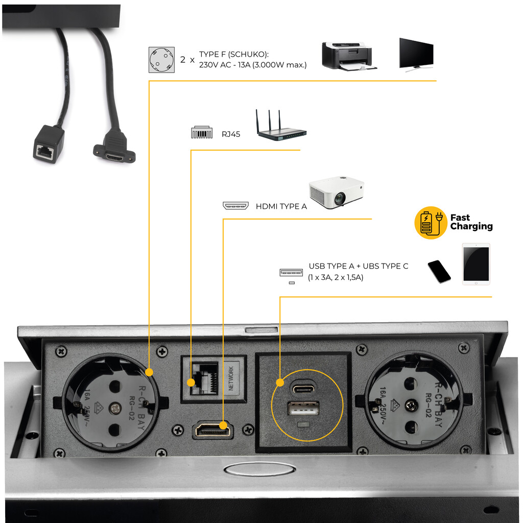 Multistecker Atom 26, 225x111mm, 2 Schuko-Stecker, 1 USB Typ A, 1 USB Typ C, 1 RJ45, 1 HDMI, Zamak-Stahl-Kunststoff, Metallic Grau-10