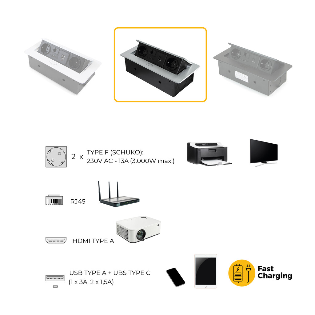 Multistecker Atom 26, 225x111mm, 2 Schuko-Stecker, 1 USB Typ A, 1 USB Typ C, 1 RJ45, 1 HDMI, Zamak-Stahl-Kunststoff, Metallic Grau-12