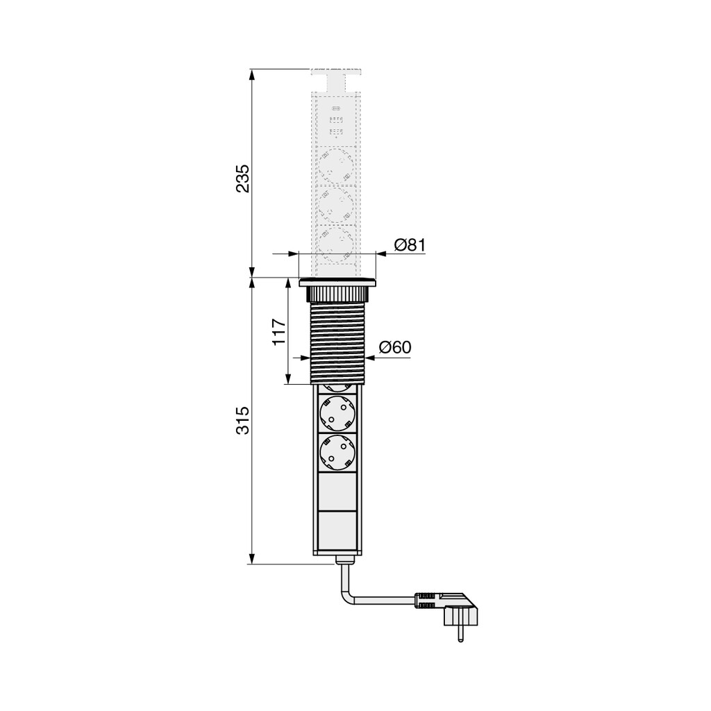 Vertikal uitschuifbare multi-connector, 3 x Schuko-plug, 1 x USB Type A, 1 x USB Type C, Plastic en Aluminium, Grijs metallic-1