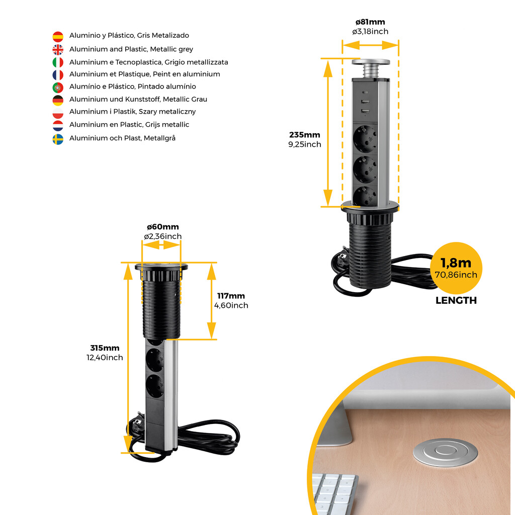 Vertikal uitschuifbare multi-connector, 3 x Schuko-plug, 1 x USB Type A, 1 x USB Type C, Plastic en Aluminium, Grijs metallic-10
