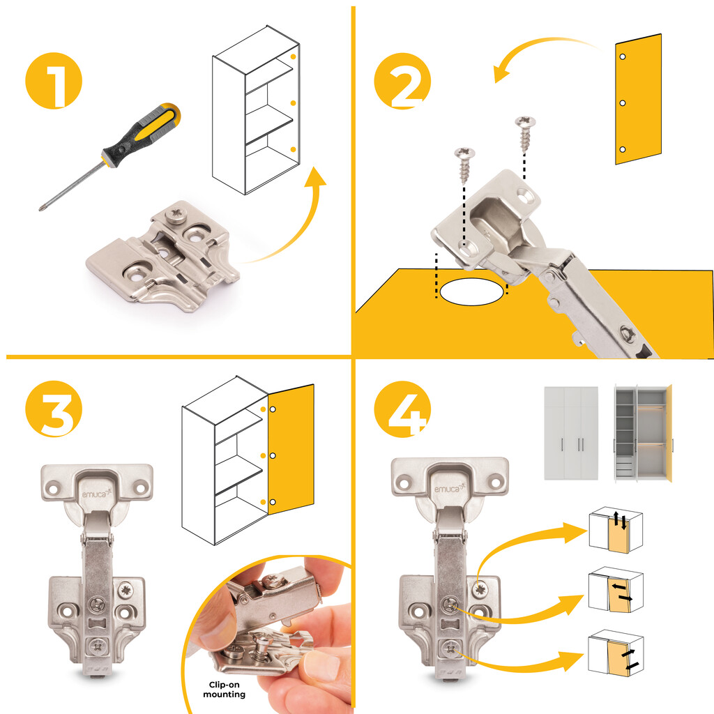 Kit von 20 Topfscharnierr X92N Eckanschlag, Kreuzmontageplatte zum Schrauben, Höhe 0, Stahl, vernickelt-10