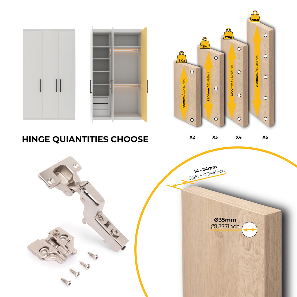 Lot of 20 X92 inset hinges with soft closing and screw-on plates, Steel, Nickel Plated-8