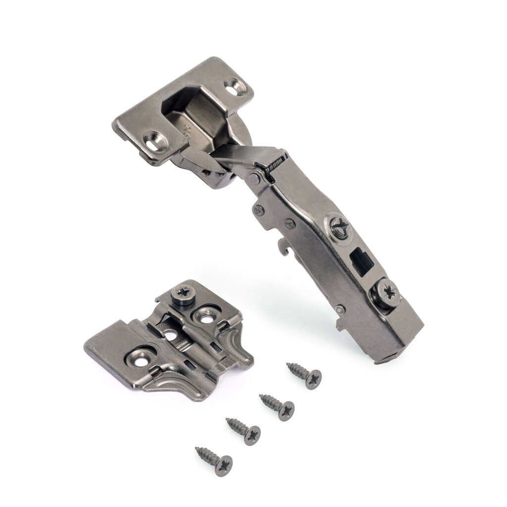 Lot of 20 X91 full Overlay hinges with soft closing and Screw-on plates, Height 0, Steel, Titanium-4