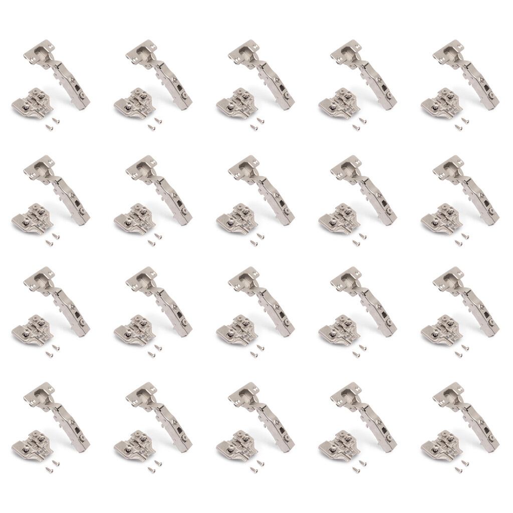 Kit von 20 Topfscharniere X91 Eckanschlag, Schließautomatik, Montageplatten mit vormontiereten Schrauben und Spreizdübeln, Durchmesser 5x9,5mm, Höhe 0, Stahl, vernickelt-Primary