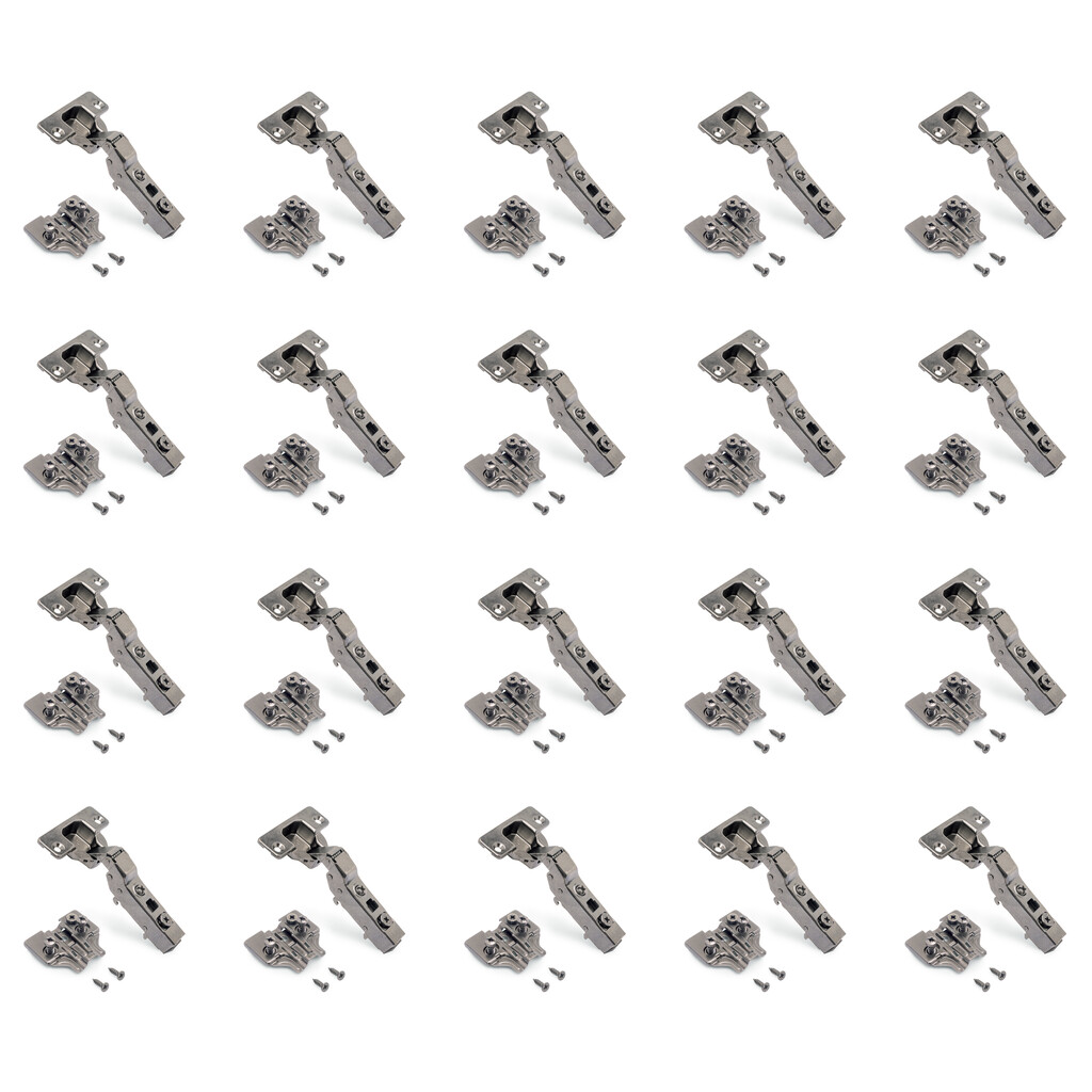 Lot of 20 X91 half Overlay hinges with soft closing and Euro screw plates, Height 0, Nickel Plated, Titanium-Primary