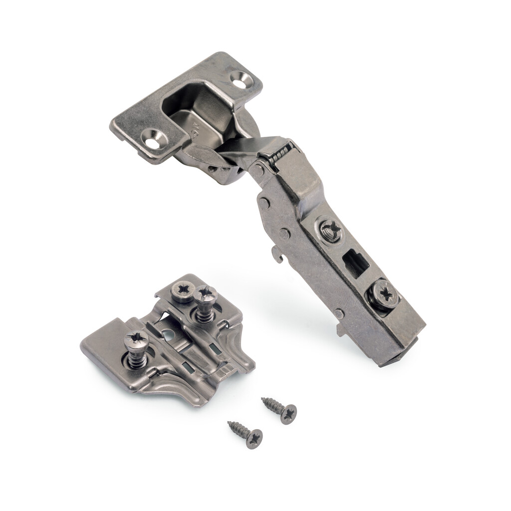Lot of 20 X91 half Overlay hinges with soft closing and Euro screw plates, Height 0, Nickel Plated, Titanium-4