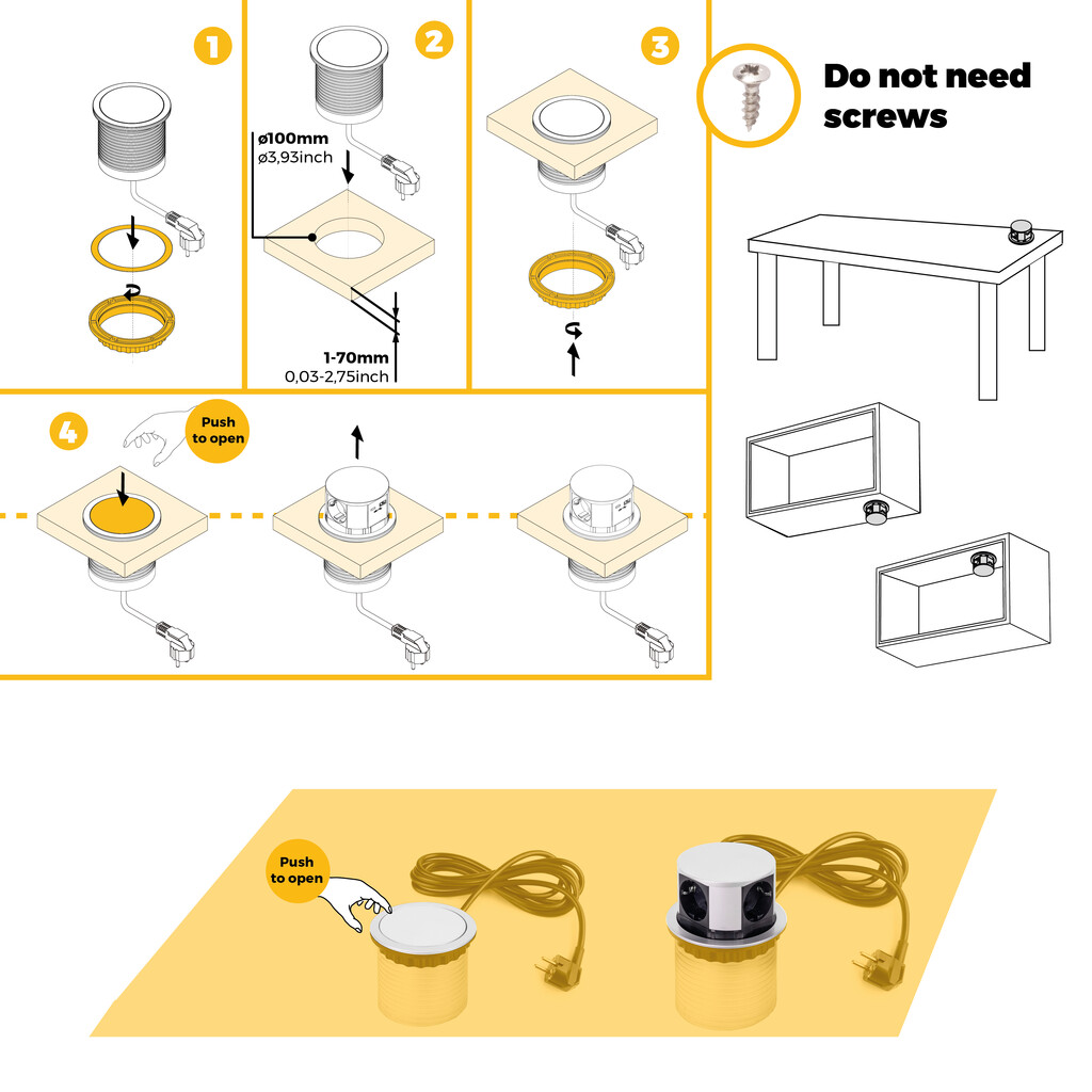 Multiconector extraíble Vertikal Push diámetro 100mm, 3 enchufes tipo Schuko, 1 USB tipo A, 1 USB tipo C, Acero y Plástico, Pintado blanco-10