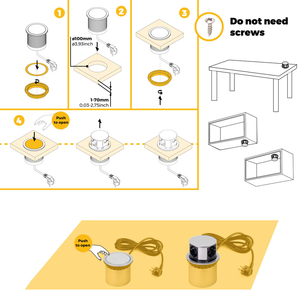 Multiconnettore Vertikal Push diametro 100mm, 3 spine di tipo Schuko, 1 USB tipo A, 1 USB tipo C, Acciaio e Tecnoplastica, Verniciato alluminio-10