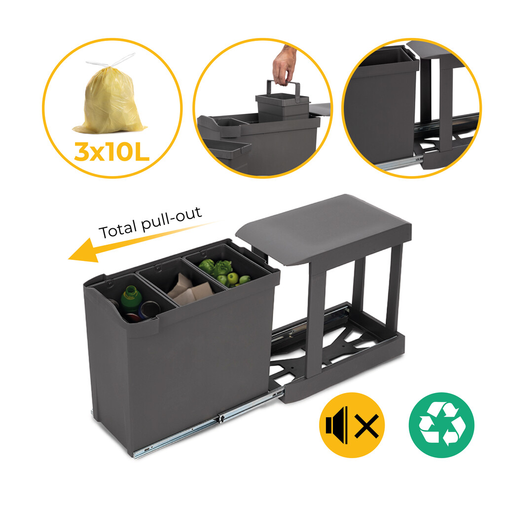 Pattumiere per raccolta differenziata per cucina, 3 x 10L, fissaggio inferiore, estrazione automatica, Acciaio e Tecnoplastica, Grigio antracite-14