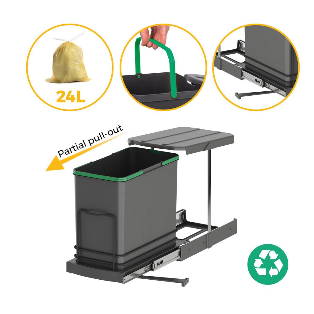 Recycle recycling bins for kitchen, 24 L, lower fixing and manual/automatic removal, Anthracite grey plastic-11