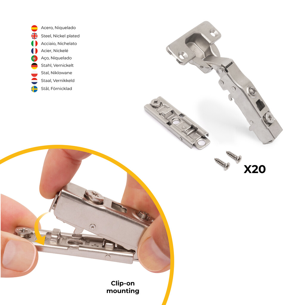 Lote de 20 dobradiças reta X91 com fecho suave e Calço recto para aparafusar, Altura 1, Aço, Niquelado-5