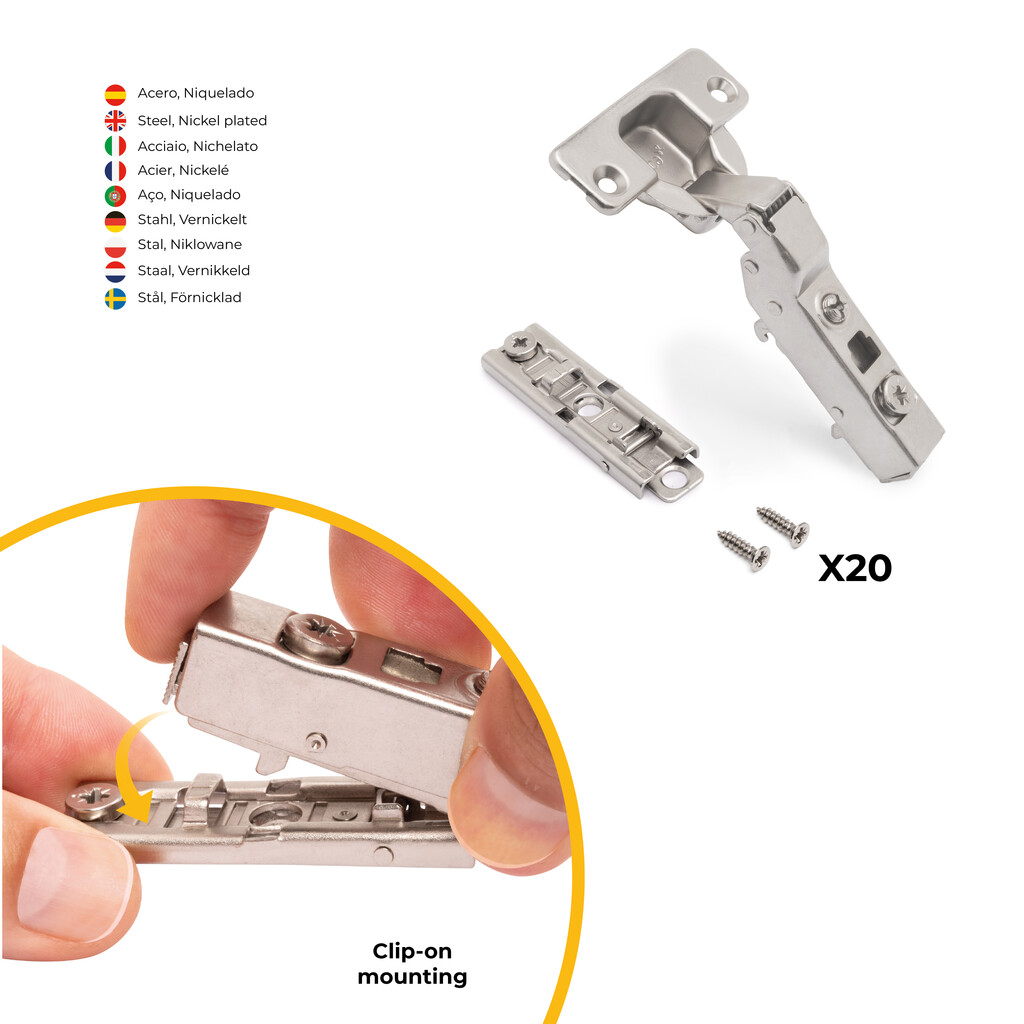 Lote de 20 bisagras codo X91 con cierre suave y suplemento recto para atornillar, Altura 1, Acero, Niquelado-5
