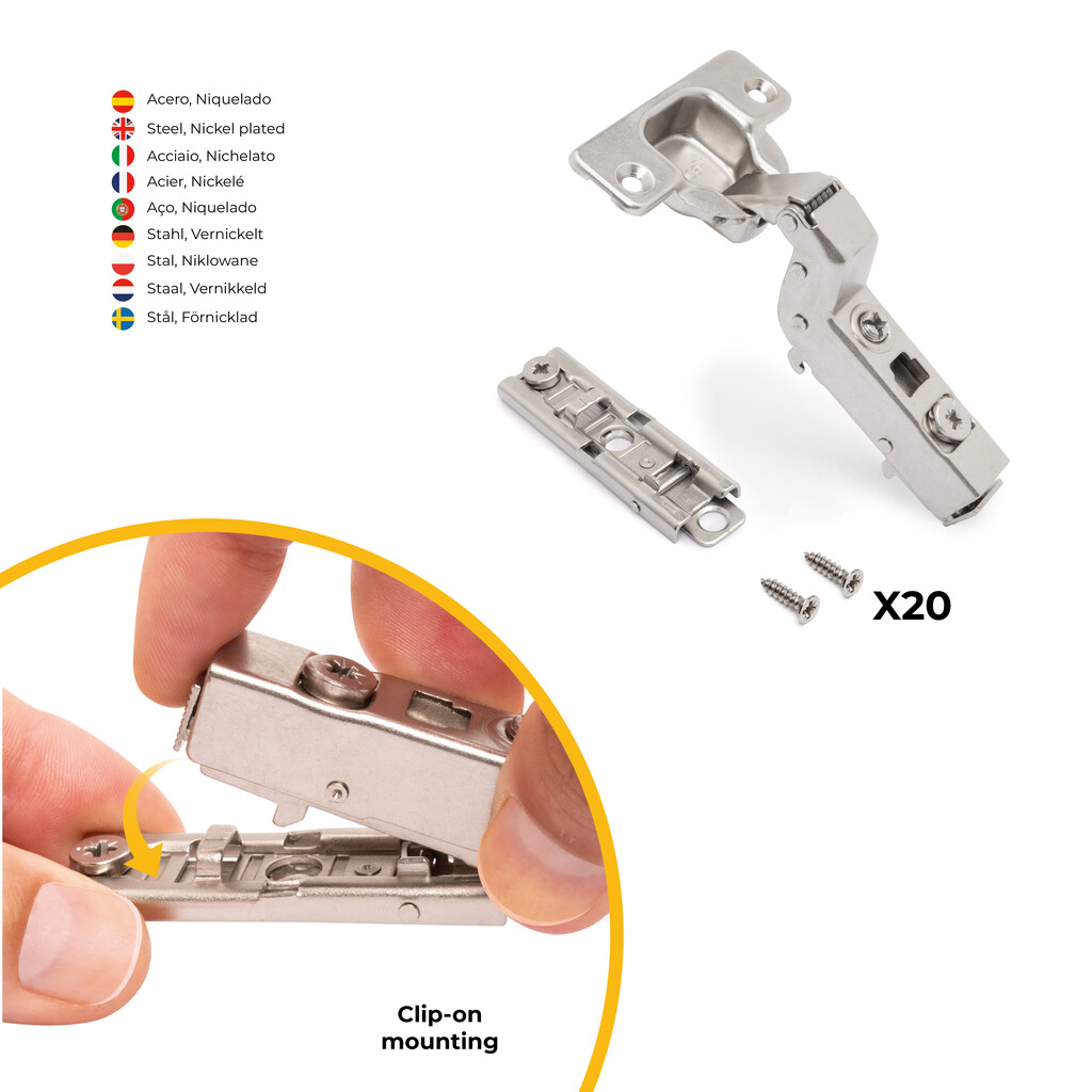 Lot of 20 X91 inset hinges with soft closing and Screw-on staright plates, Height 1, Steel, Nickel plated-5