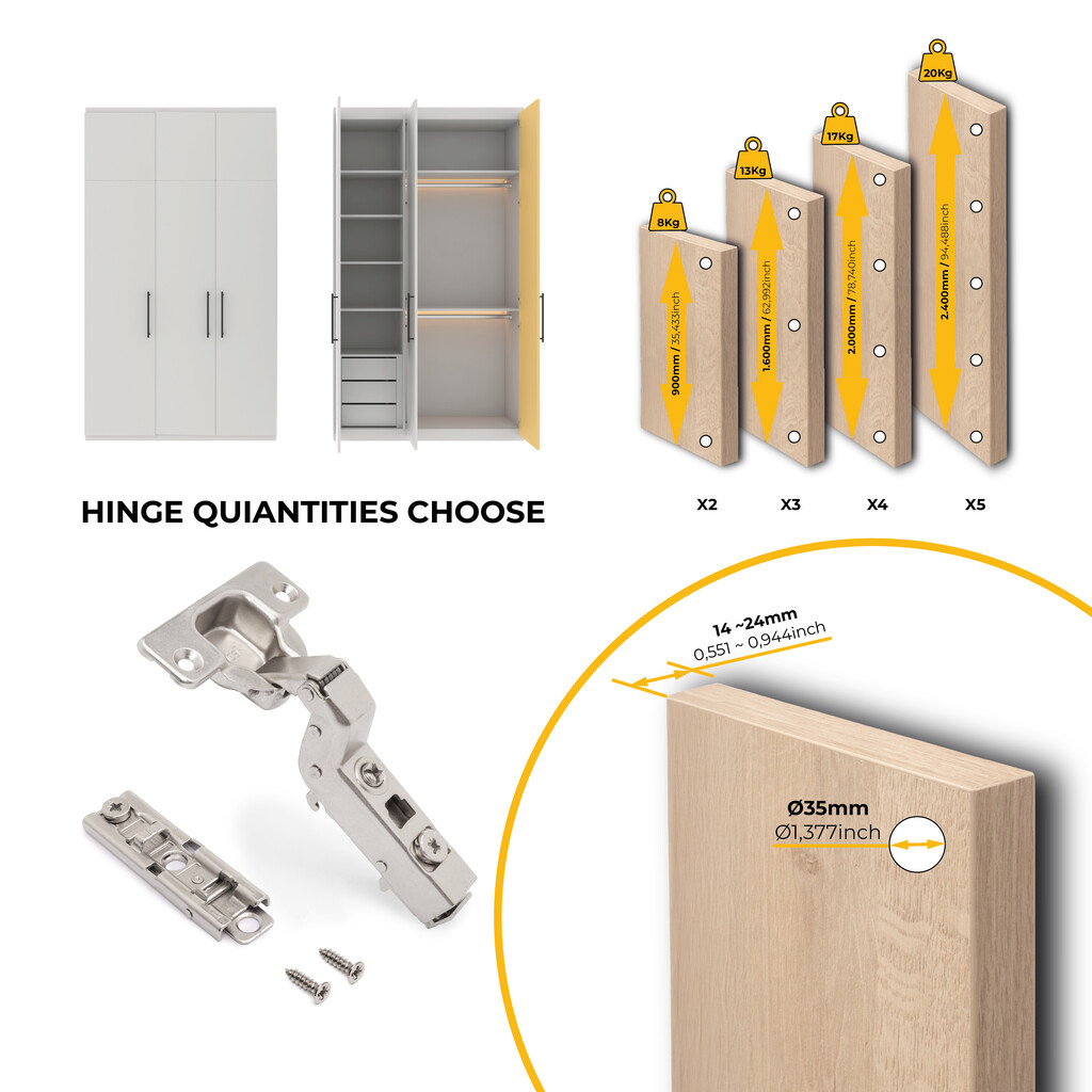 Lot of 20 X91 inset hinges with soft closing and Screw-on staright plates, Height 1, Steel, Nickel plated-9
