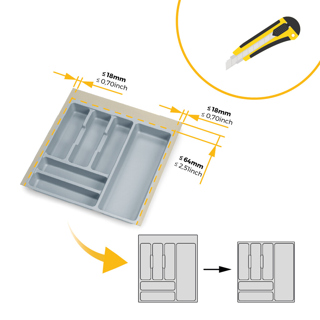 Optima cutlery tray for Universal drawer, module 500mm, Plastic, Grey-2