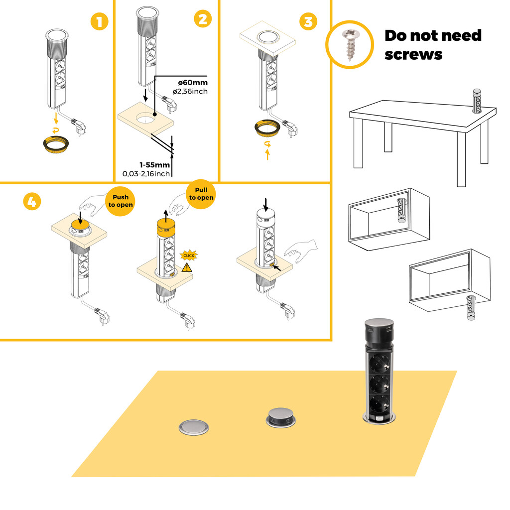 Multiconnettore estraibile Vertikal Push 60, diametro 60 mm, 3 prese Schuko, 1 USB tipo A, 1 USB tipo C, Acciaio e Tecnoplastica, Acciaio inossidabile-10
