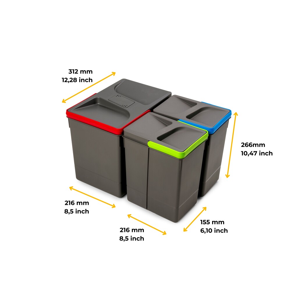 Recycle Containers for kitchen drawers with odour-proof lid, Height 266, 1x15litres, 2x7litres, Anthracite grey plastic-2