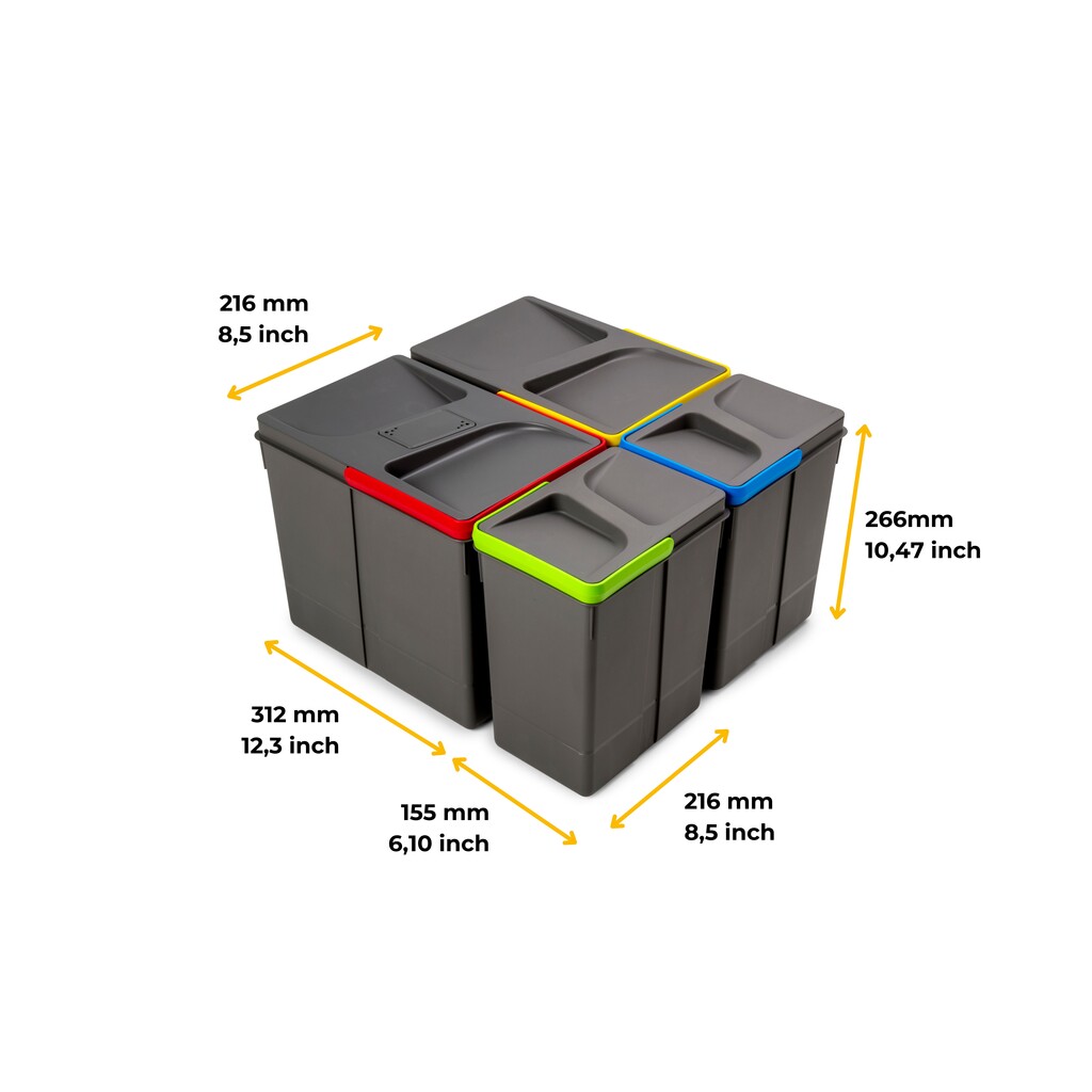 Contenedores para cajón de cocina Recycle con tapa anti olores, Altura 266, 2x15litros, 2x7litros, Plástico gris antracita-2