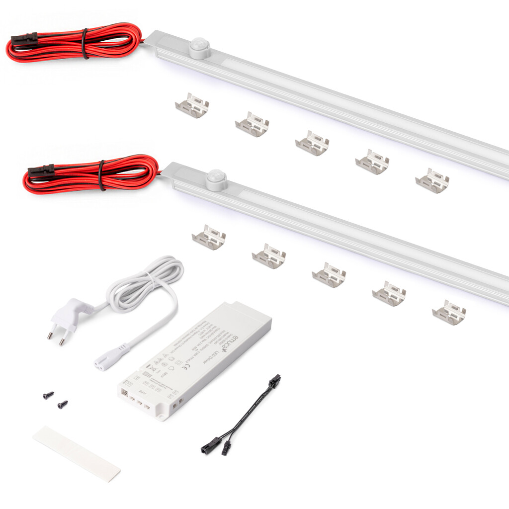 Kit de dos luminarias LED para empotrar Pyxis de armario, Longitud 2.9m, Luz blanca cálida 2.700K, Sensor de movimiento, Convertidor Smart 60W (24V DC), Aluminio y Plástico, Anodizado mate-Primary