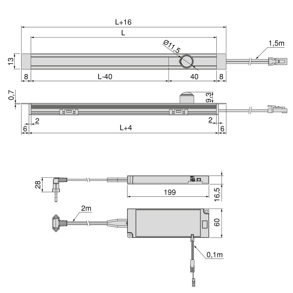 Kit de dos luminarias LED para empotrar Pyxis de armario, Longitud 2.9m, Luz blanca cálida 2.700K, Sensor de movimiento, Convertidor Smart 60W (24V DC), Aluminio y Plástico, Anodizado mate-1