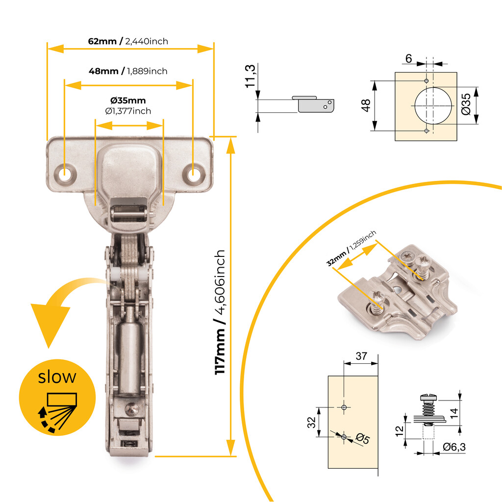 Kit von 20 Topfscharniere X91 Eckanschlag mit Schließautomatik und Euro-Unterlegscheiben, Höhe 0, Stahl, vernickelt-5