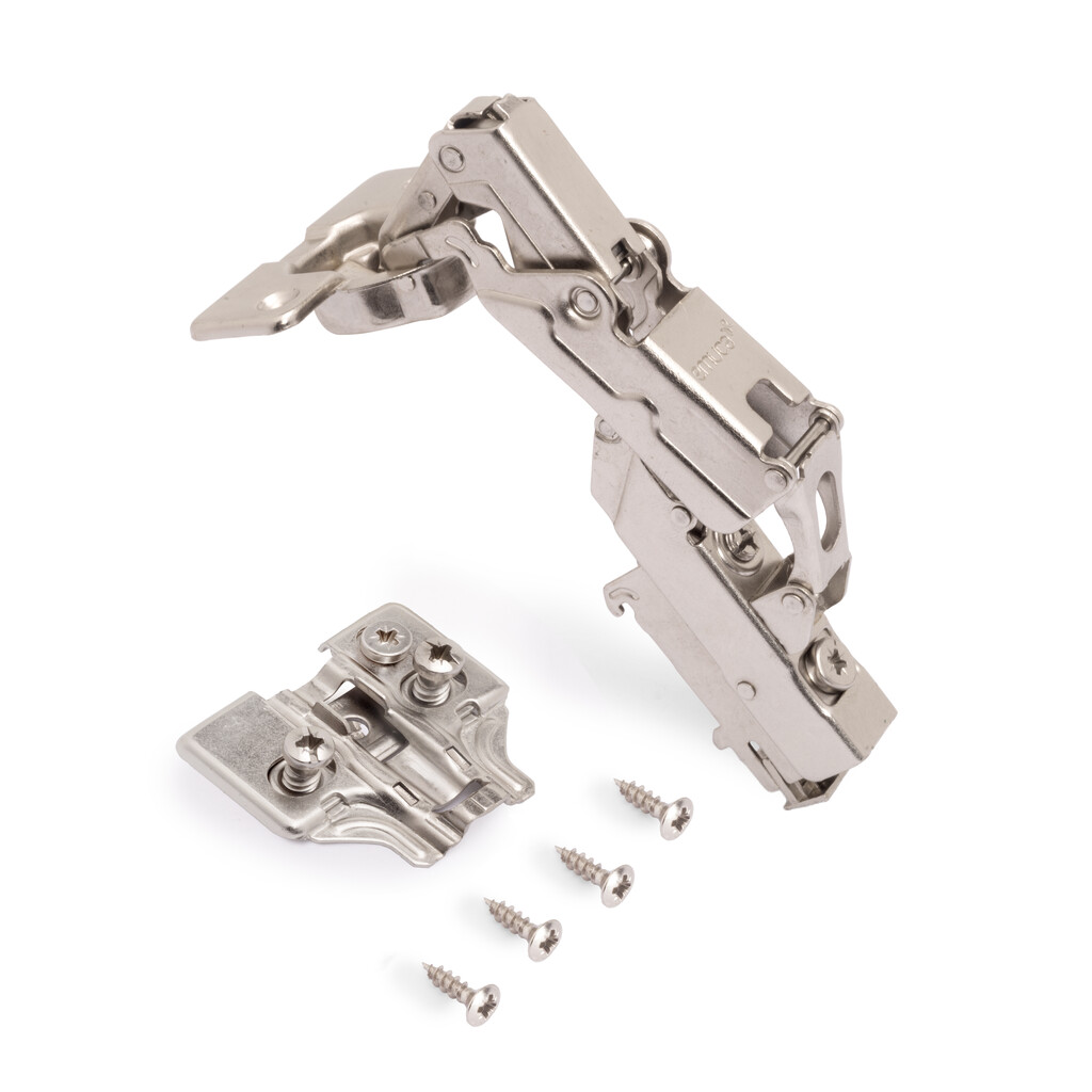 Lot of 10 X91 half overlay hinges opening 165 degrees with soft closing and Euro screw-in plates, Height 0, Steel, Nickel Plated-3