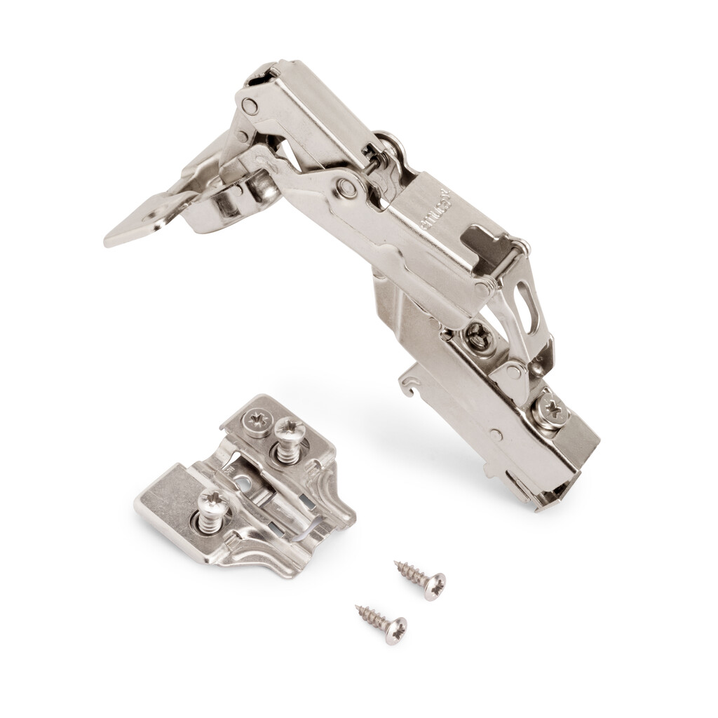 Lot of 10 X91 inset hinges 165 degrees opening with soft closing and Euro screw-in plates, Height 0, Steel, Nickel Plated-3
