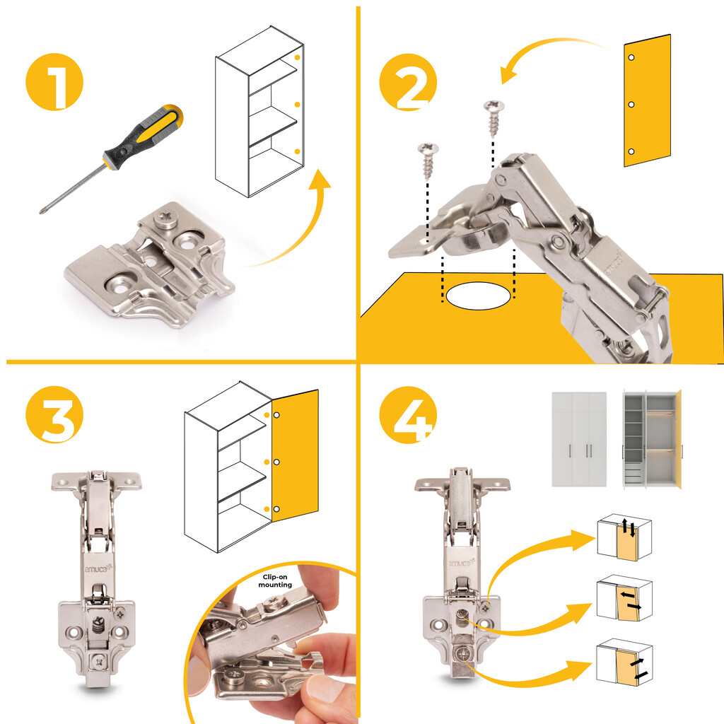 Lot de 2 charnières droites X91 à ouverture de 165 degrés avec fermeture amortie et embases à visser, Hauteur 0, Acier, Nickelé-10