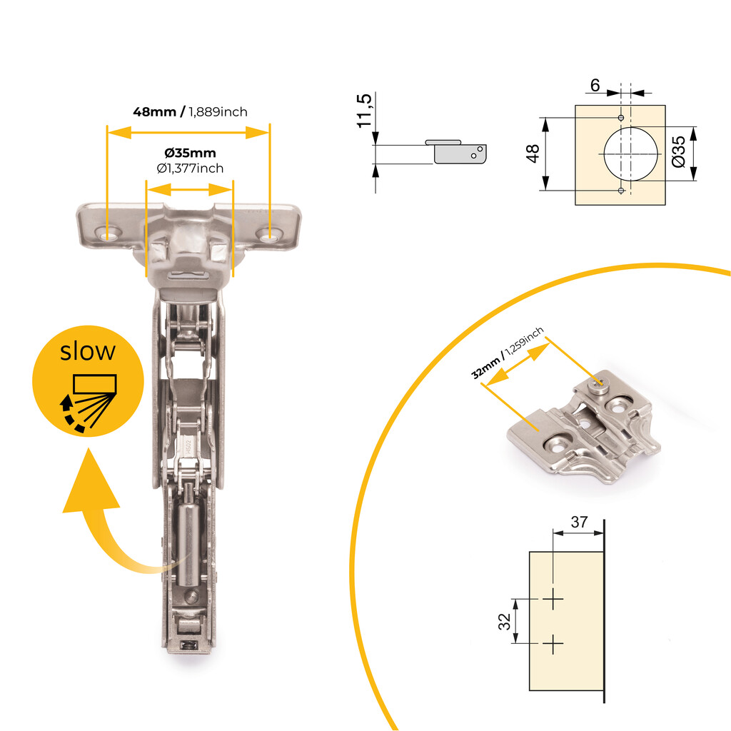 Lot de 2 charnières droites X91 à ouverture de 165 degrés avec fermeture amortie et embases à visser, Hauteur 0, Acier, Nickelé-6