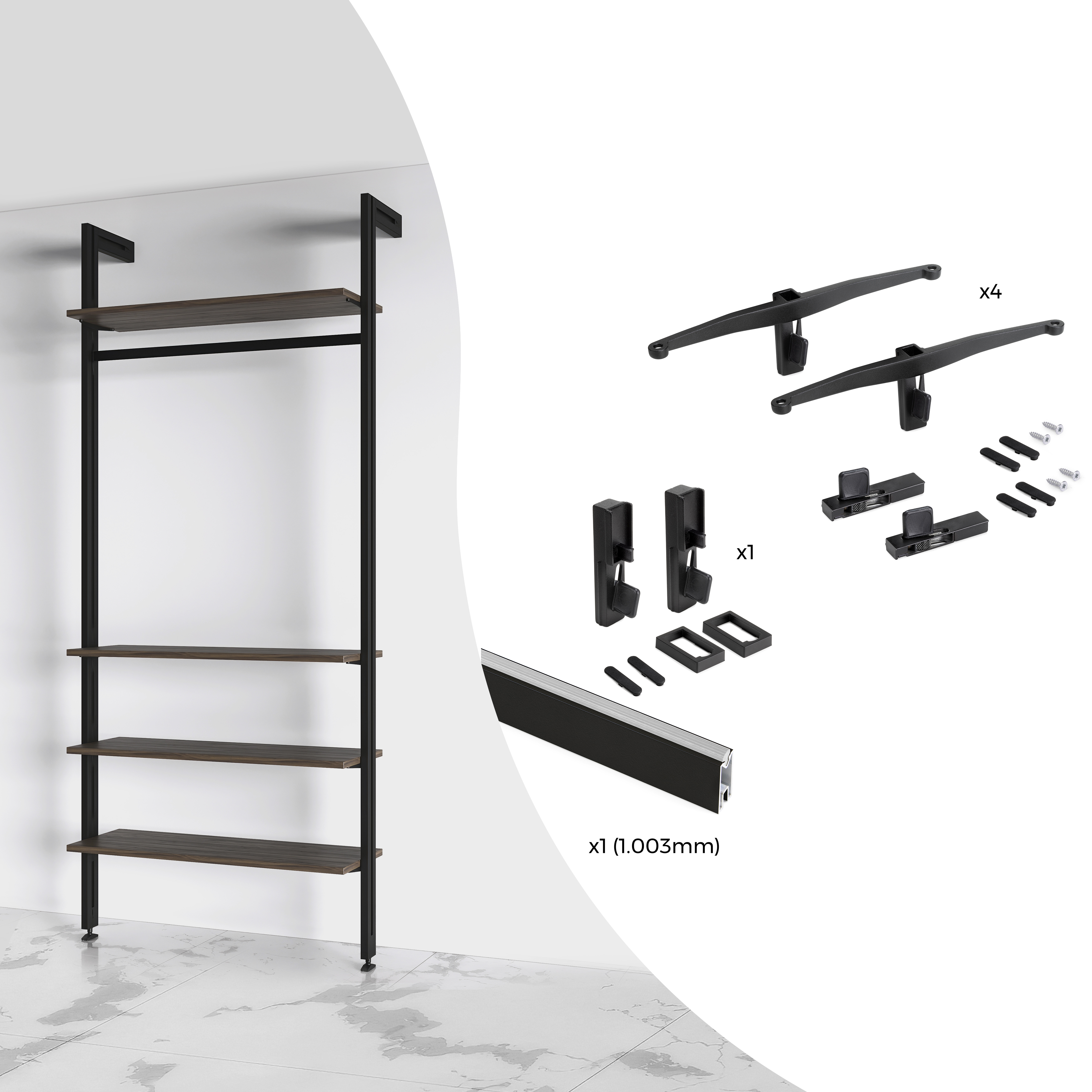 Kit Zero di supporti per mensole in legno e barra appendiabiti