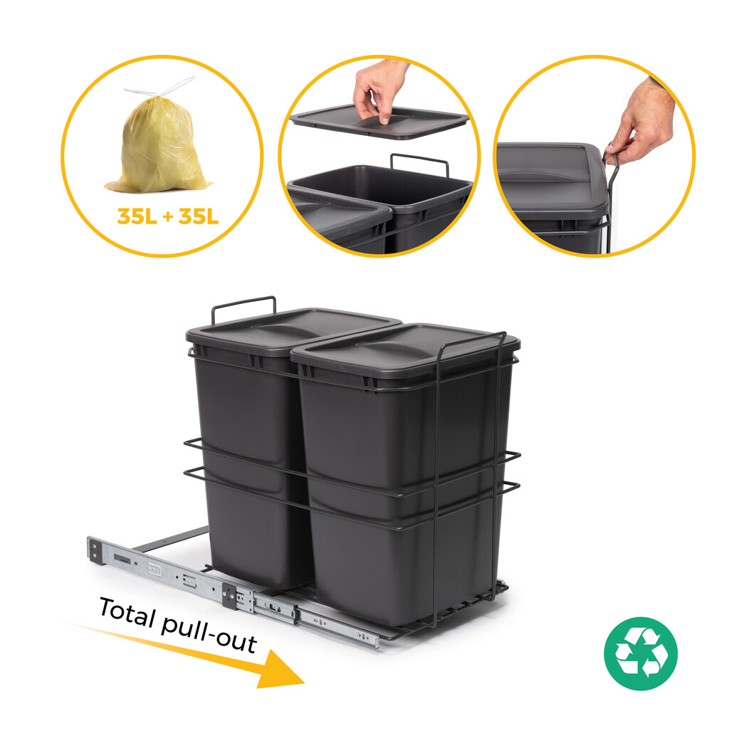 Balde do lixo reciclável Recycle para montagem no fundo e extraível manualmente na unidade de cozinha Recycle 2x35 litros, Cinza antracite Plástico-13