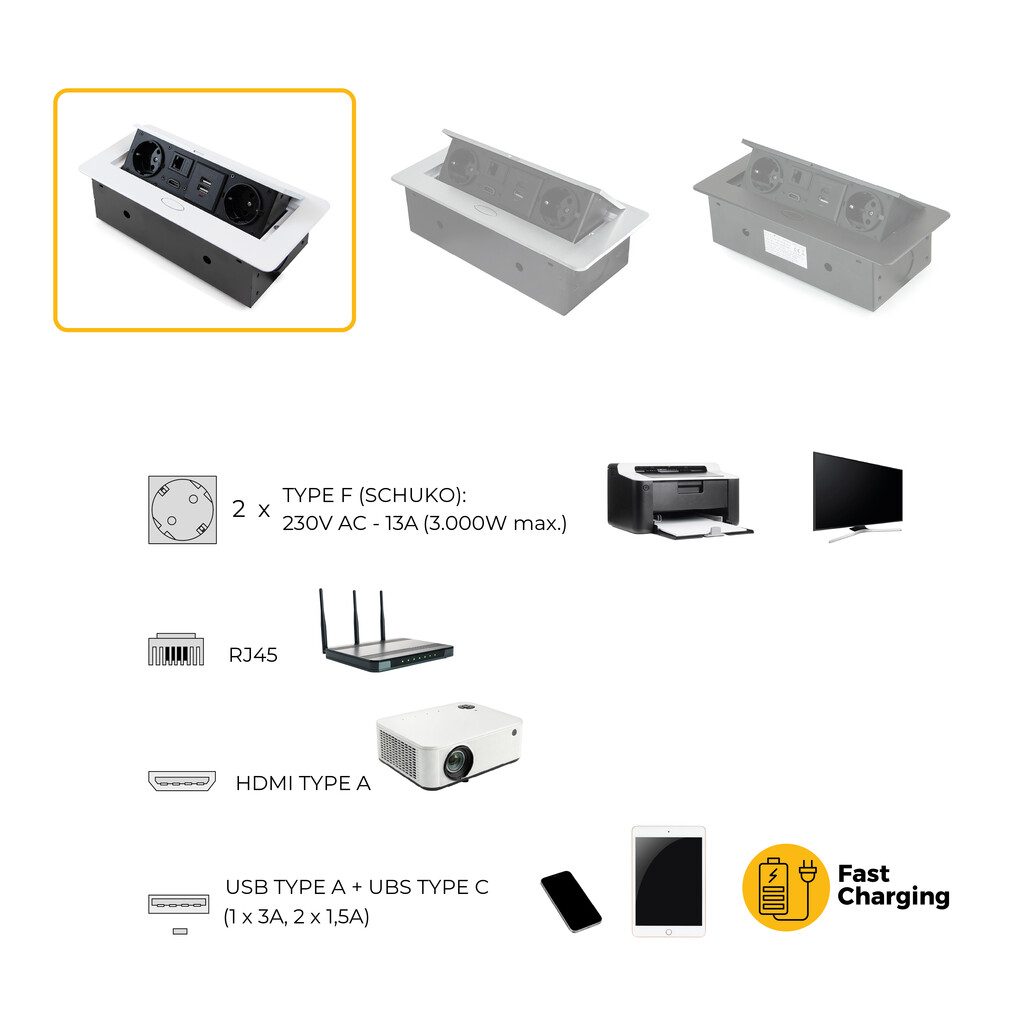 Multiconector Atom 26 A+C para escritório, EU, Pintado branco, Aço e Plástico e Zamak-13
