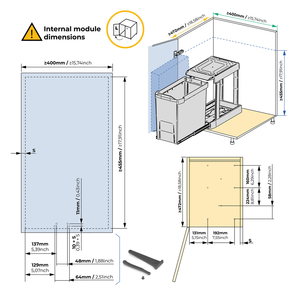 Recycling bins for kitchen, 2 x 14L, lower fixing and automatic removal, Steel and Plastic, Anthracite grey-3