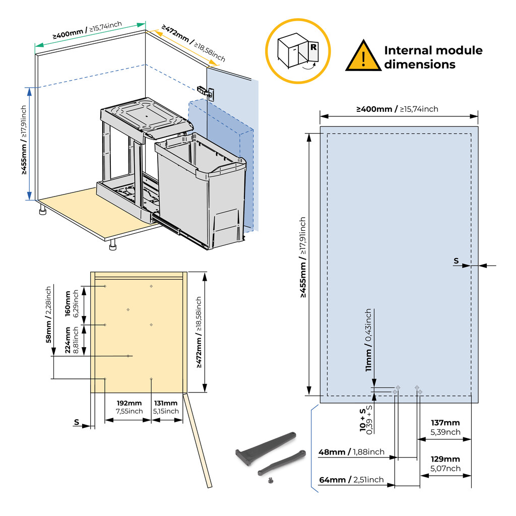 Recycling bins for kitchen, 2 x 14L, lower fixing and automatic removal, Steel and Plastic, Anthracite grey-5